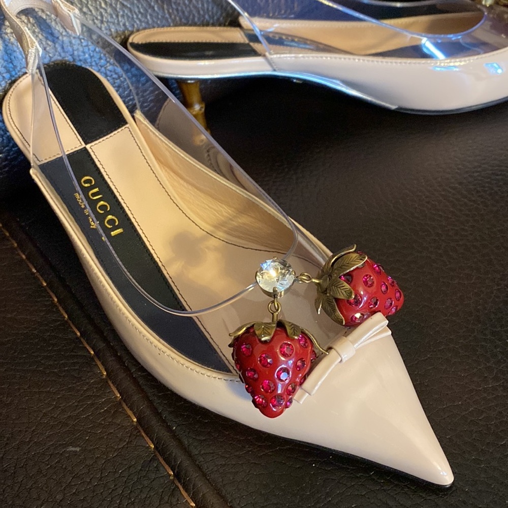 Gucci women’s crystal embellished cherry GG logo sling back pumps heels NWB - Picture 6 of 13